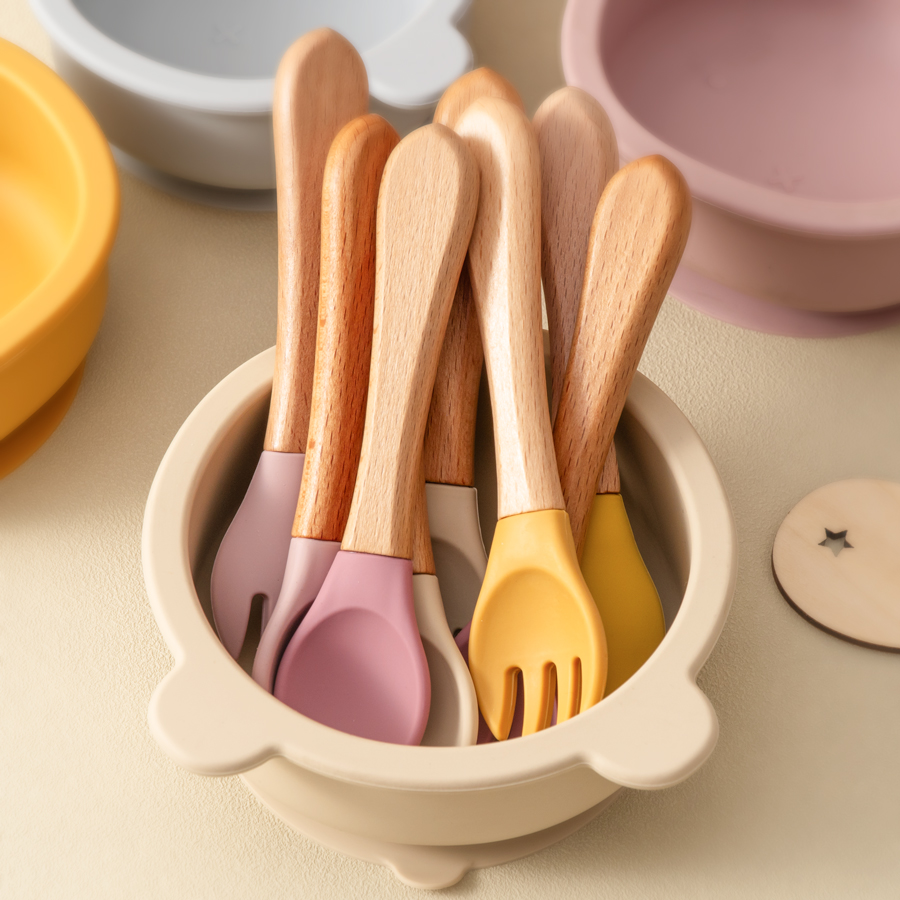 Baby Food Lunch - Mamaplan Siliconen Babylepel Vork Houten Handvat